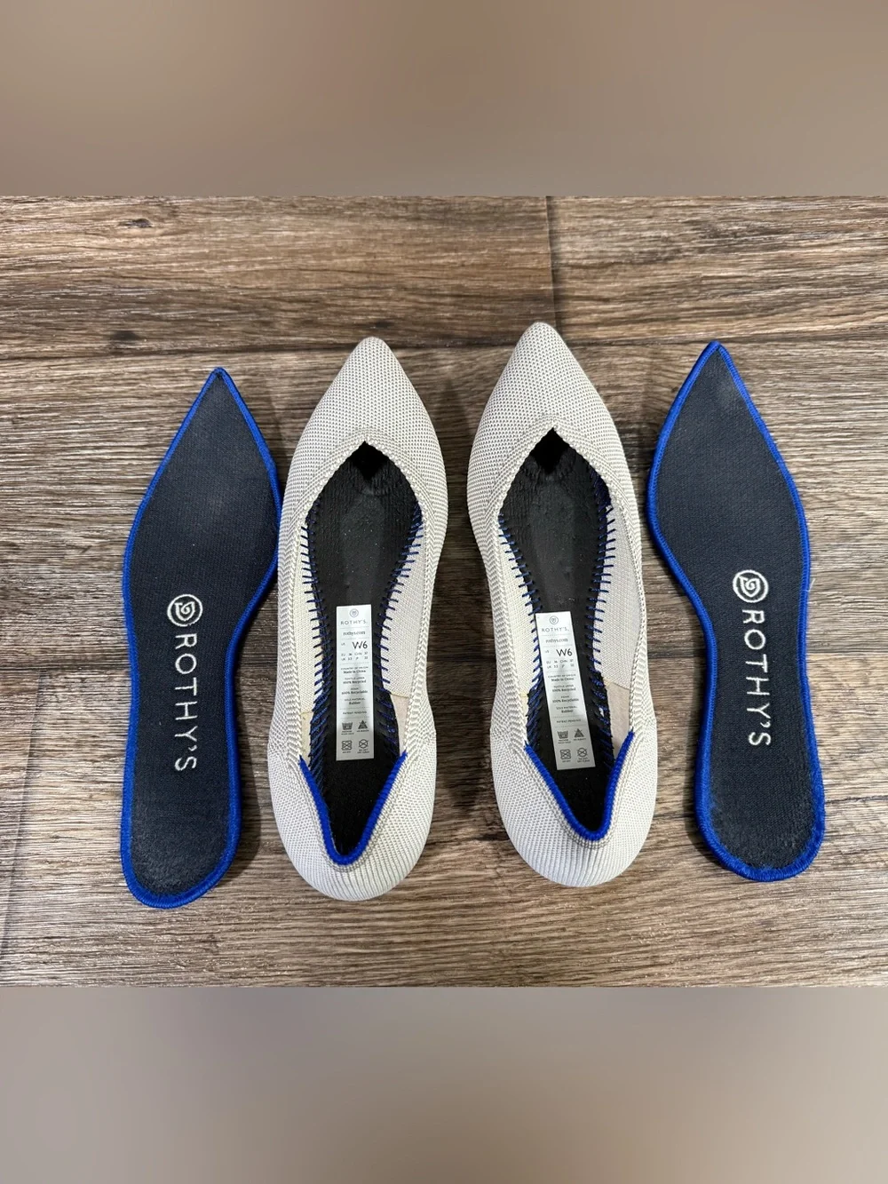 Rothy's Pointed Knit Flats in Light Gray with Blue Trim